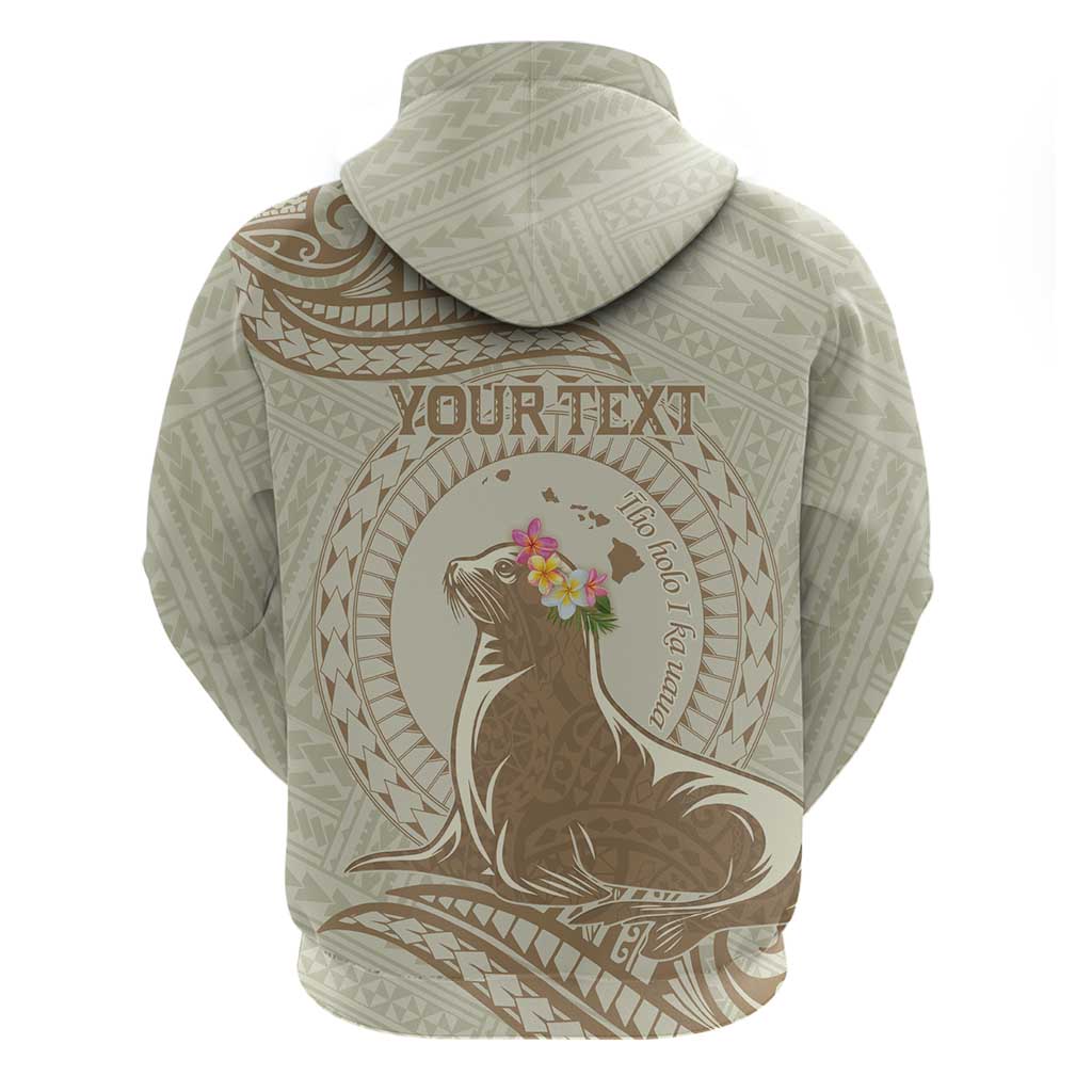 Personalised Hawaii Monk Seal Zip Hoodie Polynesian Tattoo With Tropical Flowers - Beige Pastel LT14 - Polynesian Pride