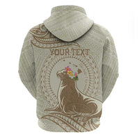 Personalised Hawaii Monk Seal Zip Hoodie Polynesian Tattoo With Tropical Flowers - Beige Pastel LT14 - Polynesian Pride