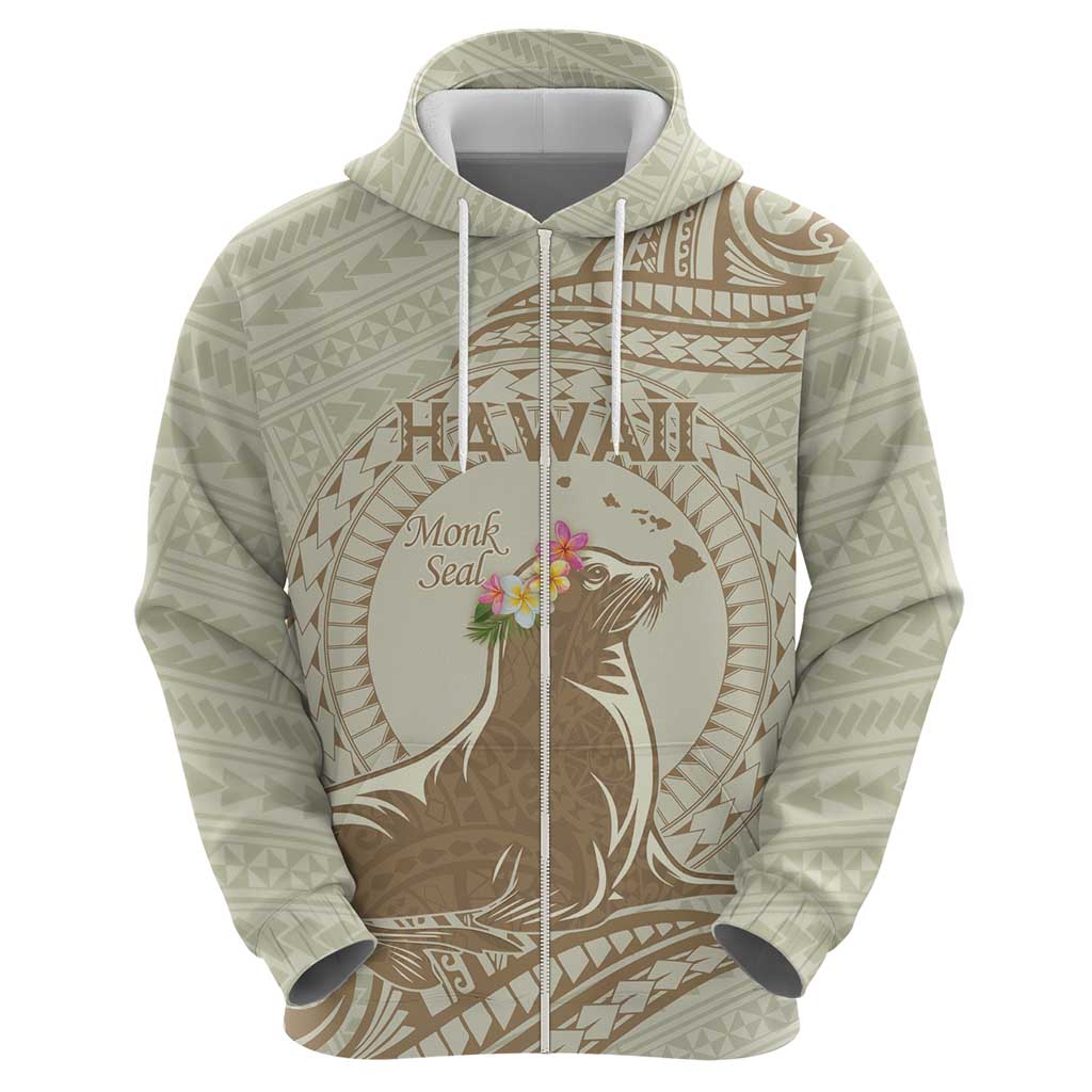 Personalised Hawaii Monk Seal Zip Hoodie Polynesian Tattoo With Tropical Flowers - Beige Pastel LT14 - Polynesian Pride