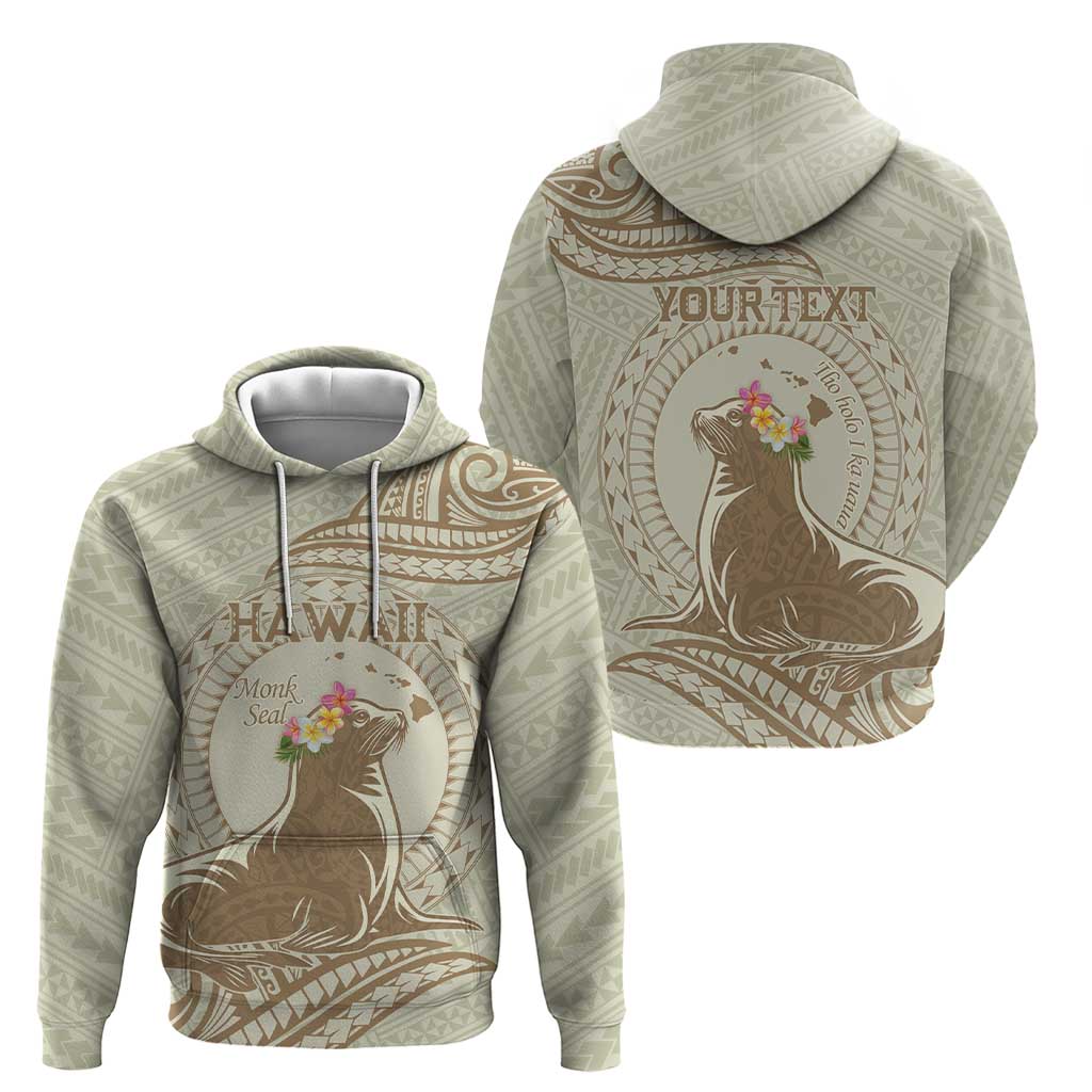 Personalised Hawaii Monk Seal Zip Hoodie Polynesian Tattoo With Tropical Flowers - Beige Pastel LT14 - Polynesian Pride