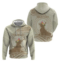 Personalised Hawaii Monk Seal Zip Hoodie Polynesian Tattoo With Tropical Flowers - Beige Pastel LT14 - Polynesian Pride