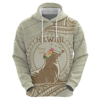 Personalised Hawaii Monk Seal Zip Hoodie Polynesian Tattoo With Tropical Flowers - Beige Pastel LT14 - Polynesian Pride