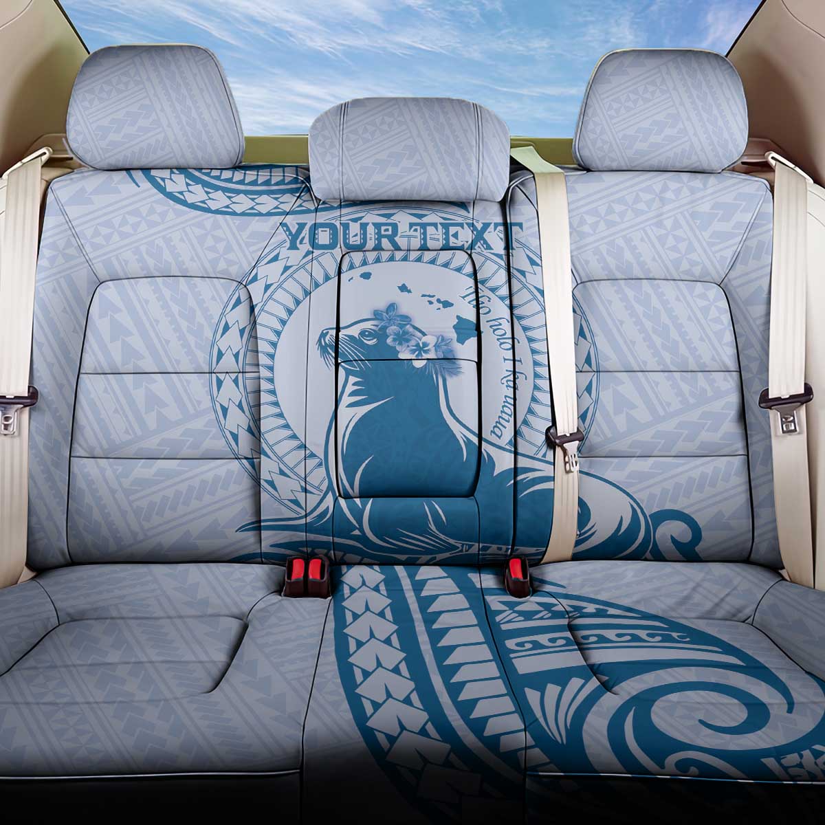 Personalised Hawaii Monk Seal Back Car Seat Cover Polynesian Tattoo With Tropical Flowers - Blue Pastel LT14 One Size Blue - Polynesian Pride