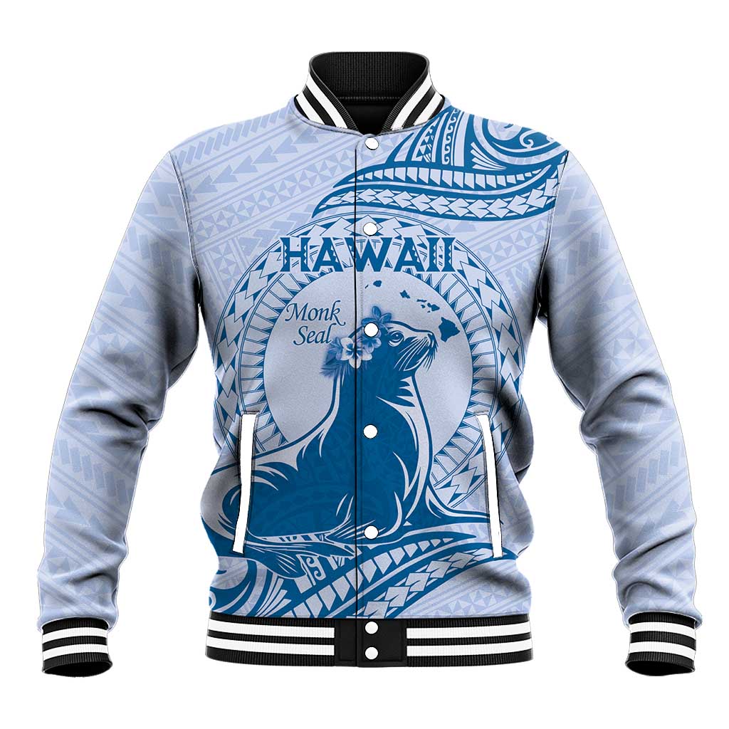 Personalised Hawaii Monk Seal Baseball Jacket Polynesian Tattoo With Tropical Flowers - Blue Pastel LT14 Unisex Blue - Polynesian Pride