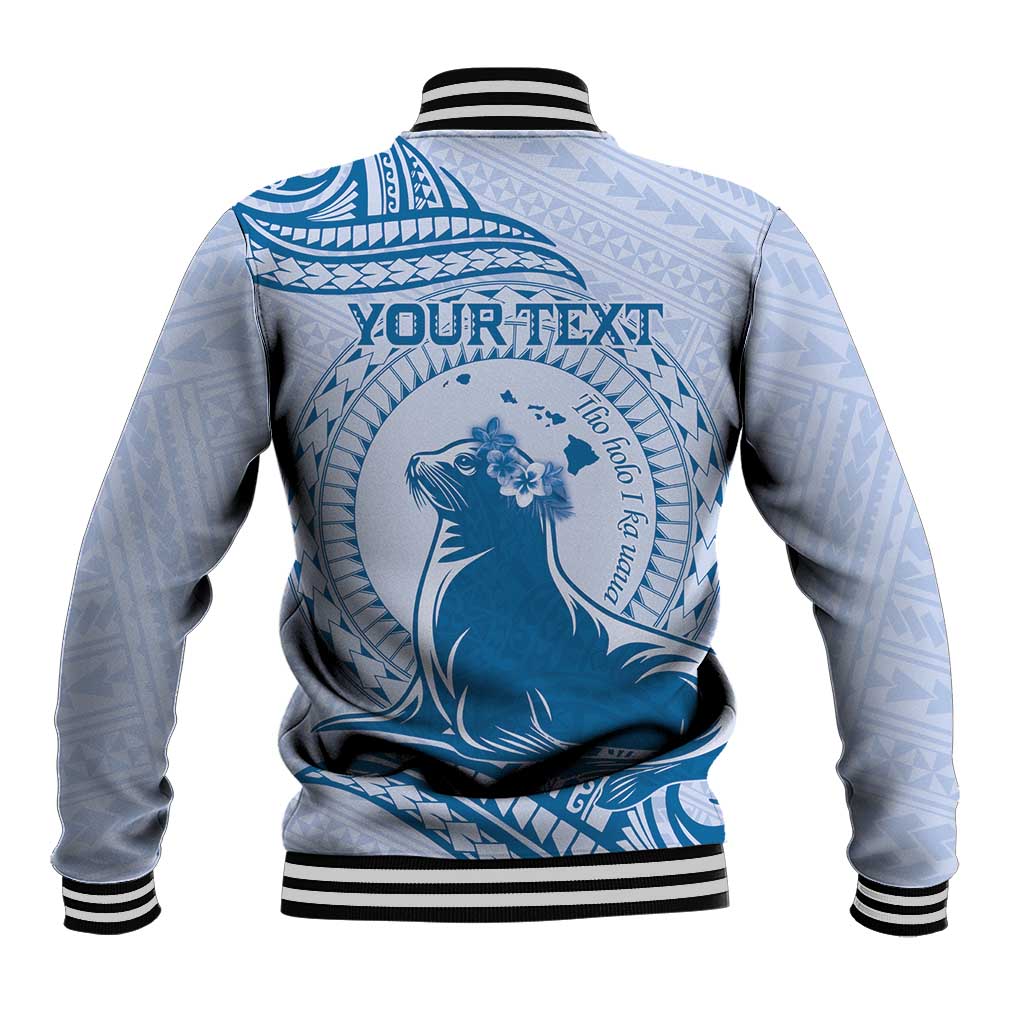 Personalised Hawaii Monk Seal Baseball Jacket Polynesian Tattoo With Tropical Flowers - Blue Pastel LT14 - Polynesian Pride