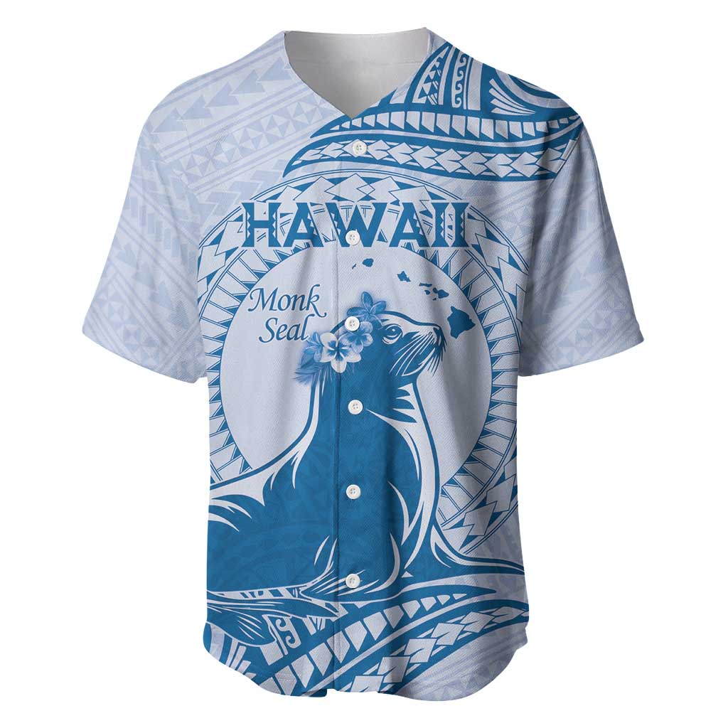 Personalised Hawaii Monk Seal Baseball Jersey Polynesian Tattoo With Tropical Flowers - Blue Pastel LT14 Blue - Polynesian Pride