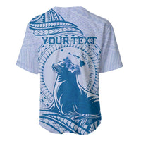 Personalised Hawaii Monk Seal Baseball Jersey Polynesian Tattoo With Tropical Flowers - Blue Pastel LT14 - Polynesian Pride