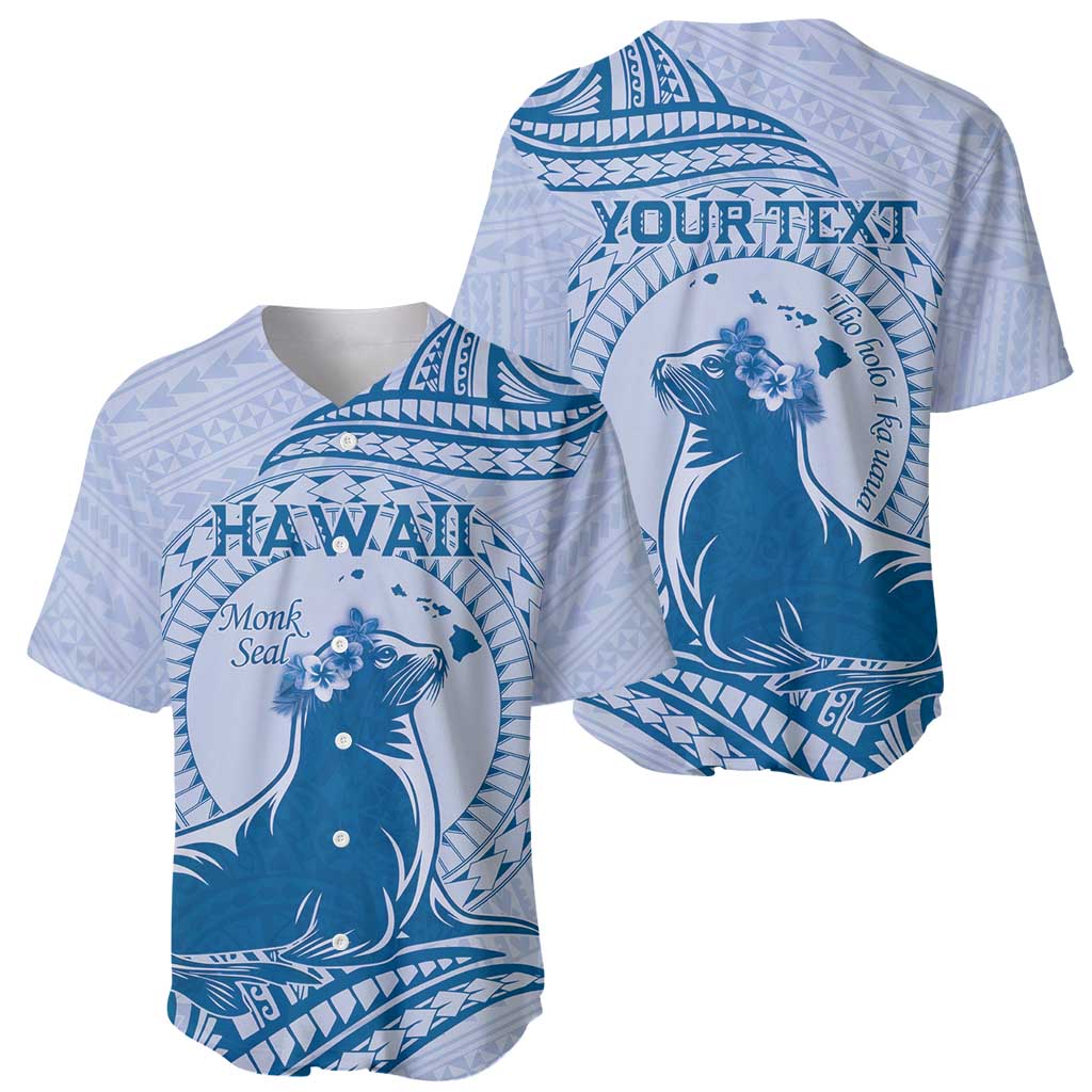 Personalised Hawaii Monk Seal Baseball Jersey Polynesian Tattoo With Tropical Flowers - Blue Pastel LT14 - Polynesian Pride