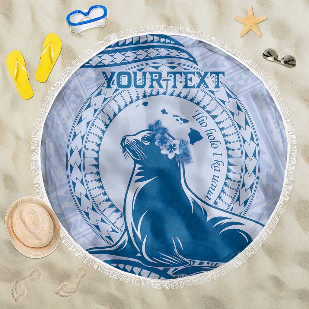 Personalised Hawaii Monk Seal Beach Blanket Polynesian Tattoo With Tropical Flowers - Blue Pastel LT14 One Size 150cm Blue - Polynesian Pride