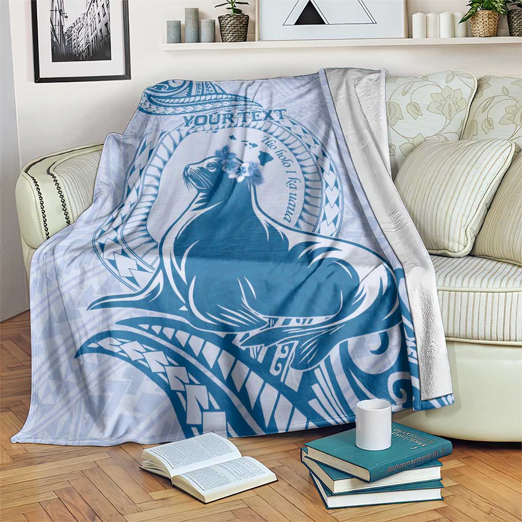 Personalised Hawaii Monk Seal Blanket Polynesian Tattoo With Tropical Flowers - Blue Pastel LT14 Blue - Polynesian Pride