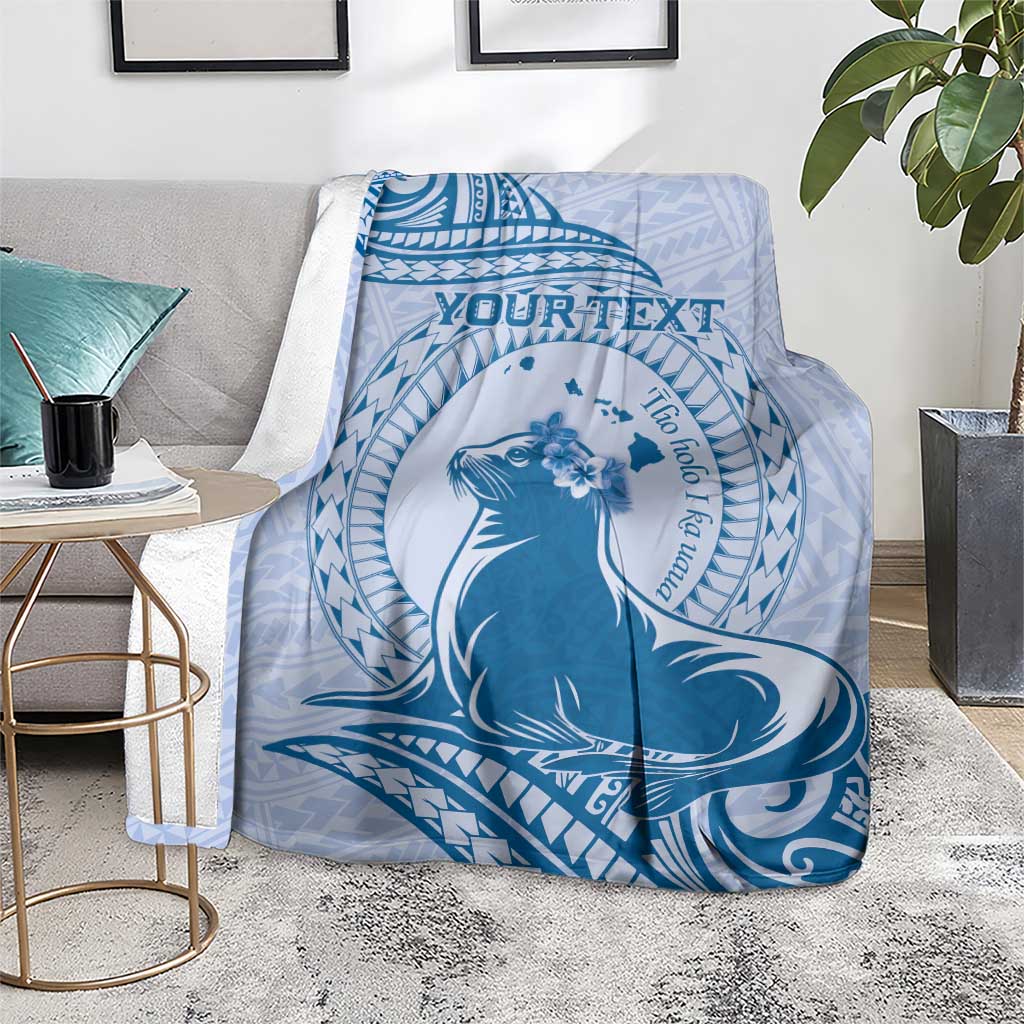 Personalised Hawaii Monk Seal Blanket Polynesian Tattoo With Tropical Flowers - Blue Pastel LT14 - Polynesian Pride