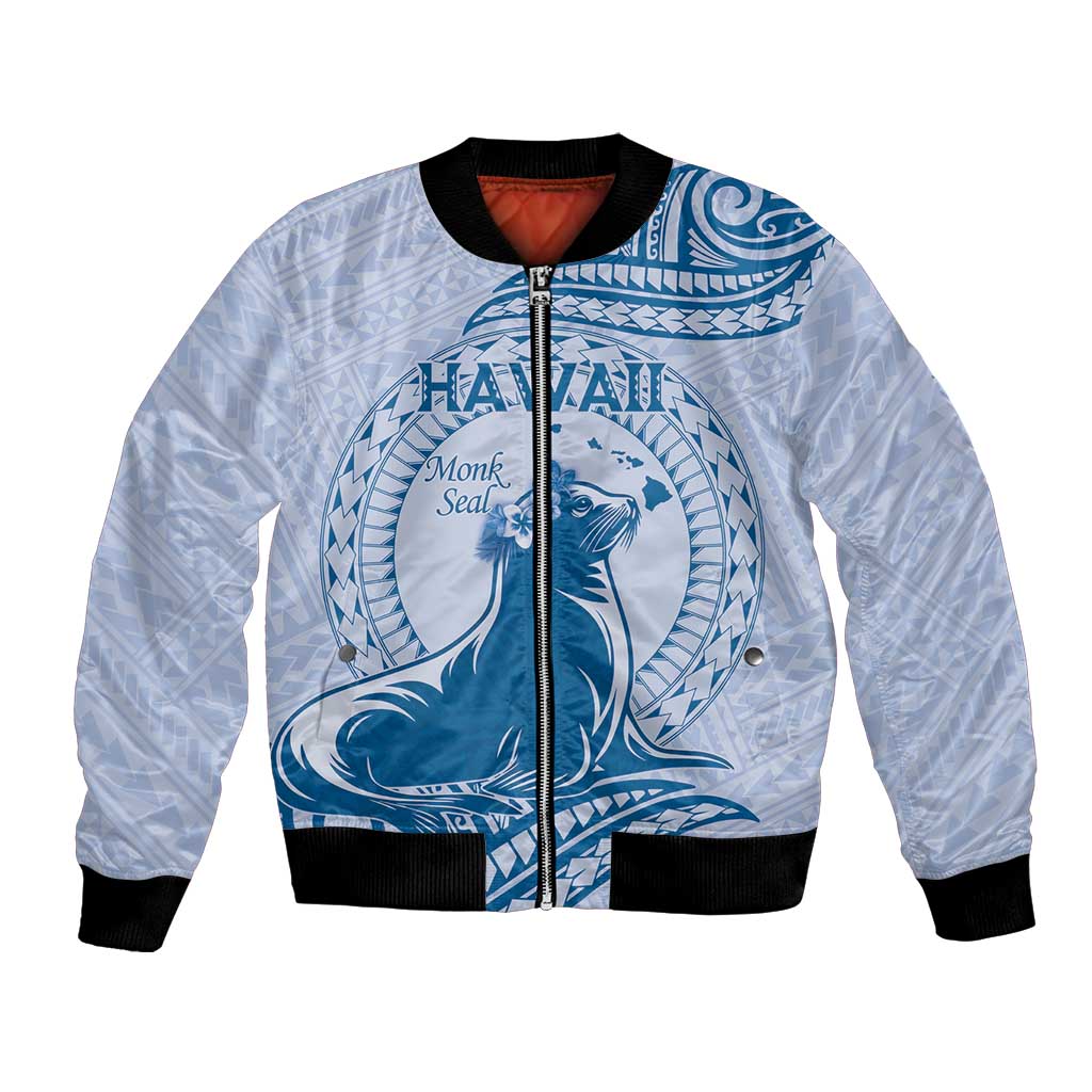Personalised Hawaii Monk Seal Bomber Jacket Polynesian Tattoo With Tropical Flowers - Blue Pastel LT14 Unisex Blue - Polynesian Pride