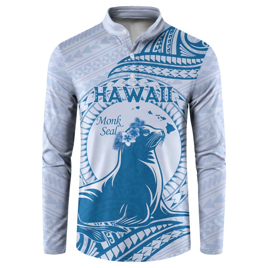 Personalised Hawaii Monk Seal Button Sweatshirt Polynesian Tattoo With Tropical Flowers - Blue Pastel LT14 Blue - Polynesian Pride