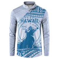 Personalised Hawaii Monk Seal Button Sweatshirt Polynesian Tattoo With Tropical Flowers - Blue Pastel LT14 Blue - Polynesian Pride