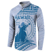 Personalised Hawaii Monk Seal Button Sweatshirt Polynesian Tattoo With Tropical Flowers - Blue Pastel LT14 - Polynesian Pride