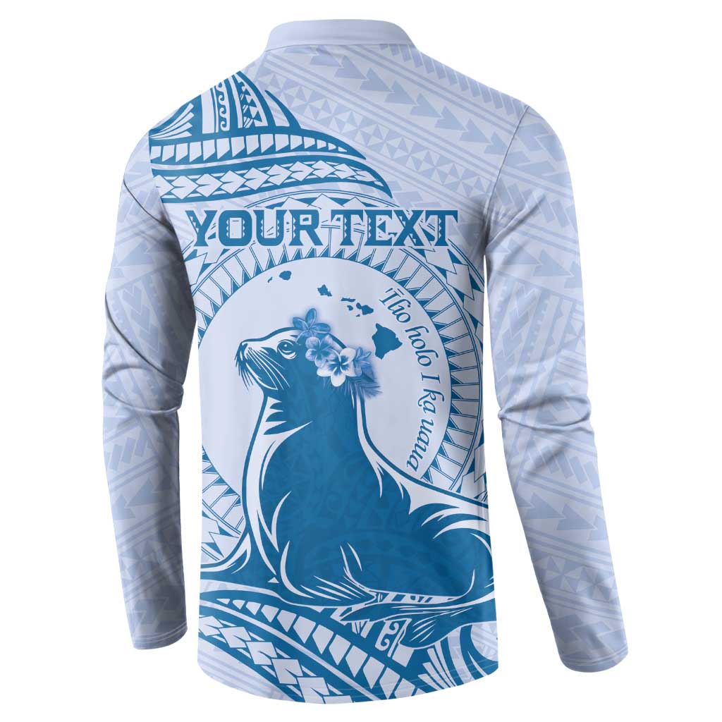 Personalised Hawaii Monk Seal Button Sweatshirt Polynesian Tattoo With Tropical Flowers - Blue Pastel LT14 - Polynesian Pride