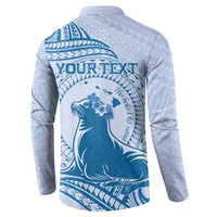 Personalised Hawaii Monk Seal Button Sweatshirt Polynesian Tattoo With Tropical Flowers - Blue Pastel LT14 - Polynesian Pride