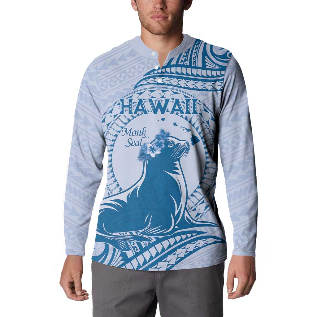 Personalised Hawaii Monk Seal Button Sweatshirt Polynesian Tattoo With Tropical Flowers - Blue Pastel LT14 - Polynesian Pride
