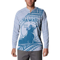 Personalised Hawaii Monk Seal Button Sweatshirt Polynesian Tattoo With Tropical Flowers - Blue Pastel LT14 - Polynesian Pride