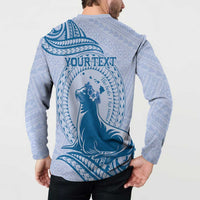 Personalised Hawaii Monk Seal Button Sweatshirt Polynesian Tattoo With Tropical Flowers - Blue Pastel LT14 - Polynesian Pride