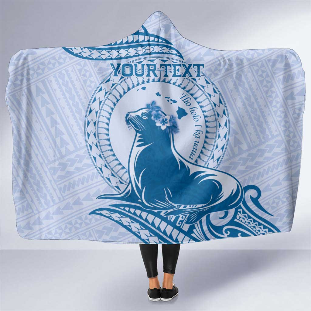Personalised Hawaii Monk Seal Hooded Blanket Polynesian Tattoo With Tropical Flowers - Blue Pastel LT14 One Size Blue - Polynesian Pride