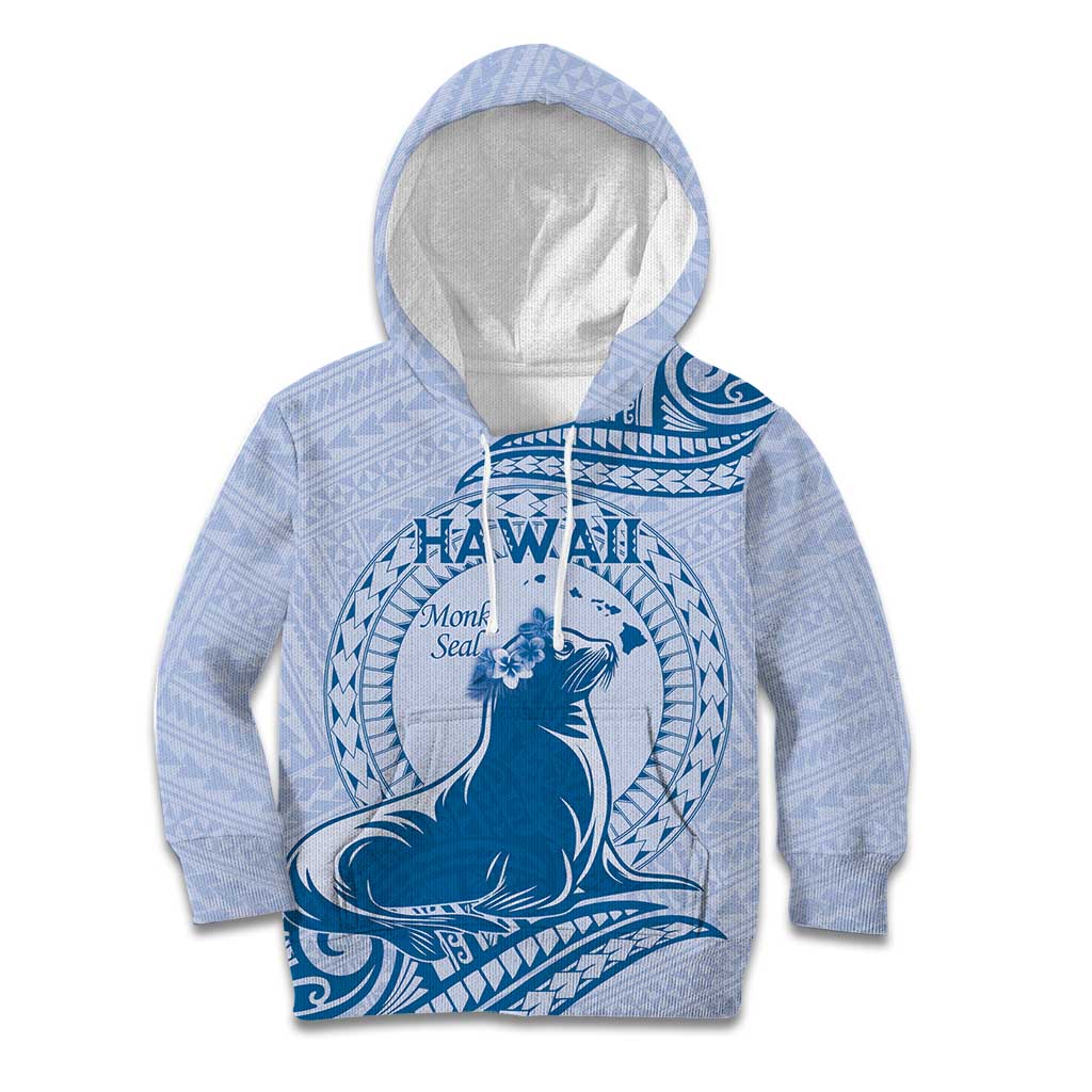 Personalised Hawaii Monk Seal Kid Hoodie Polynesian Tattoo With Tropical Flowers - Blue Pastel LT14 Hoodie Blue - Polynesian Pride