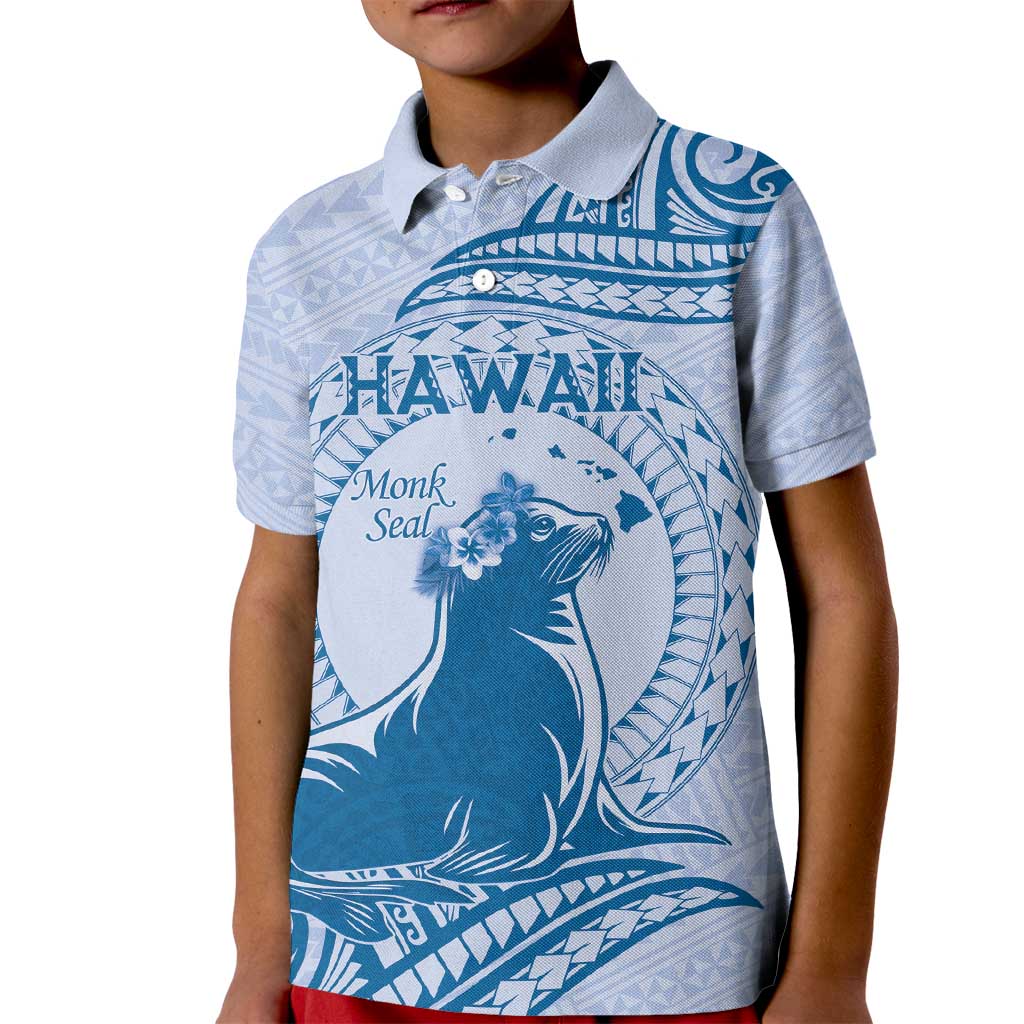 Personalised Hawaii Monk Seal Kid Polo Shirt Polynesian Tattoo With Tropical Flowers - Blue Pastel LT14 Kid Blue - Polynesian Pride