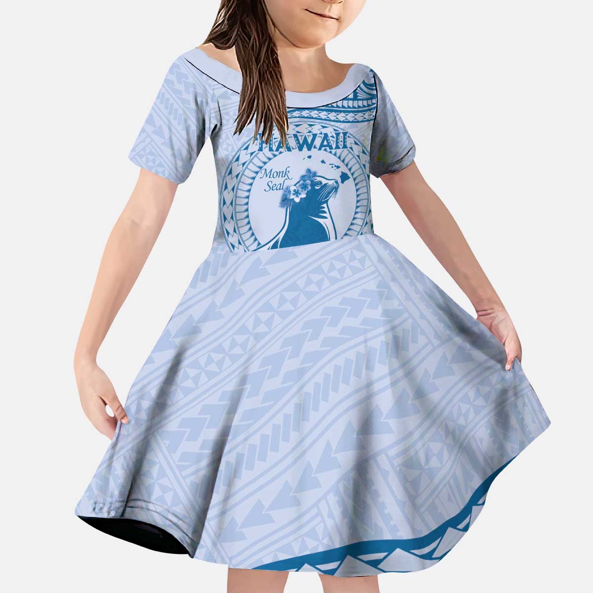 Personalised Hawaii Monk Seal Kid Short Sleeve Dress Polynesian Tattoo With Tropical Flowers - Blue Pastel LT14 KID Blue - Polynesian Pride