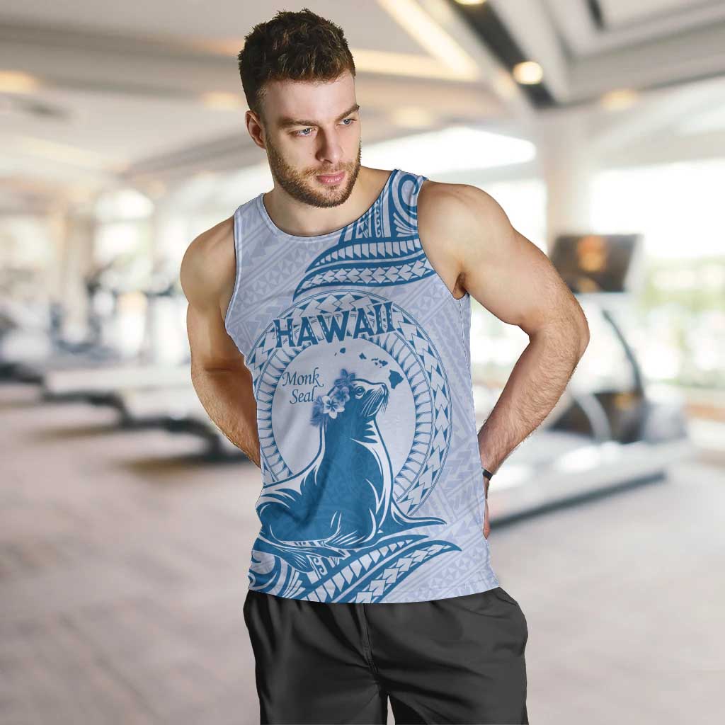 Personalised Hawaii Monk Seal Men Tank Top Polynesian Tattoo With Tropical Flowers - Blue Pastel LT14 Blue - Polynesian Pride