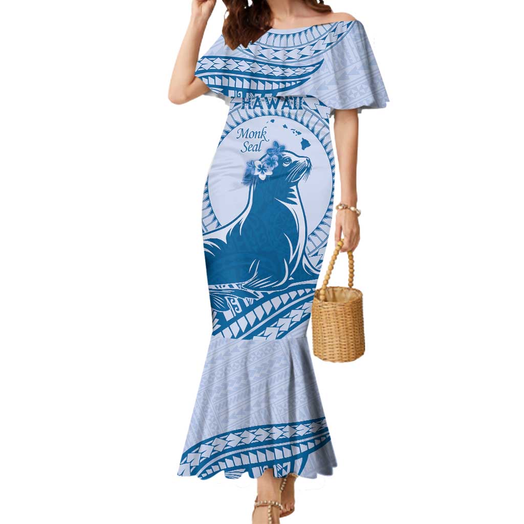 Personalised Hawaii Monk Seal Mermaid Dress Polynesian Tattoo With Tropical Flowers - Blue Pastel LT14 Women Blue - Polynesian Pride