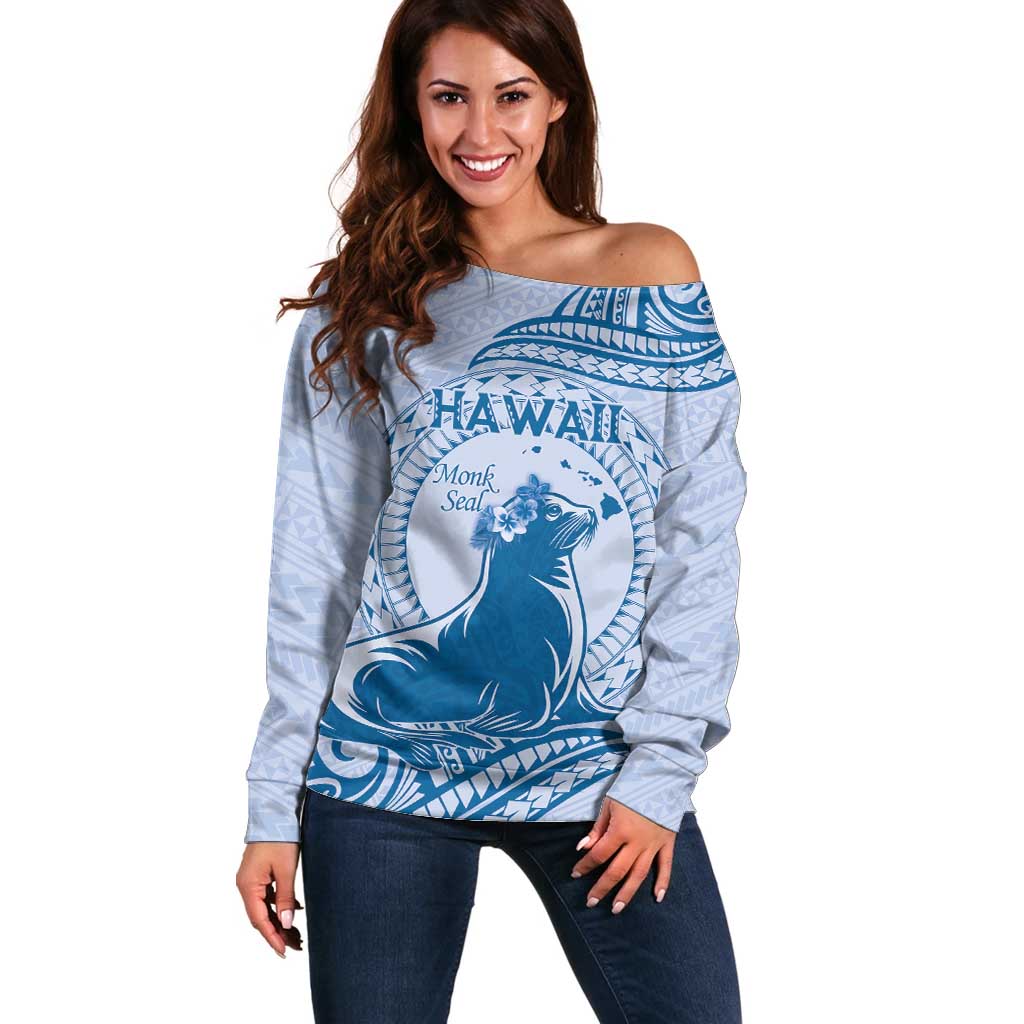 Personalised Hawaii Monk Seal Off Shoulder Sweater Polynesian Tattoo With Tropical Flowers - Blue Pastel LT14 Women Blue - Polynesian Pride