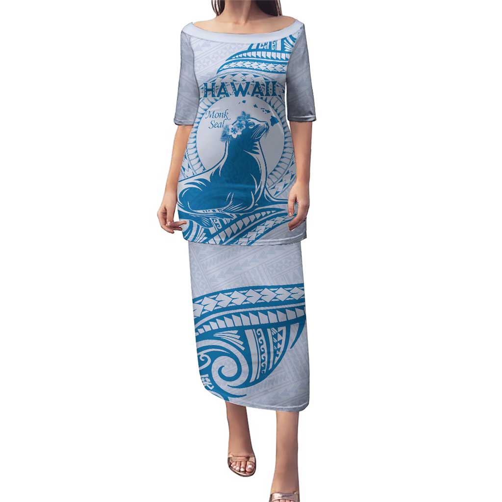 Personalised Hawaii Monk Seal Puletasi Polynesian Tattoo With Tropical Flowers - Blue Pastel LT14 Long Dress Blue - Polynesian Pride
