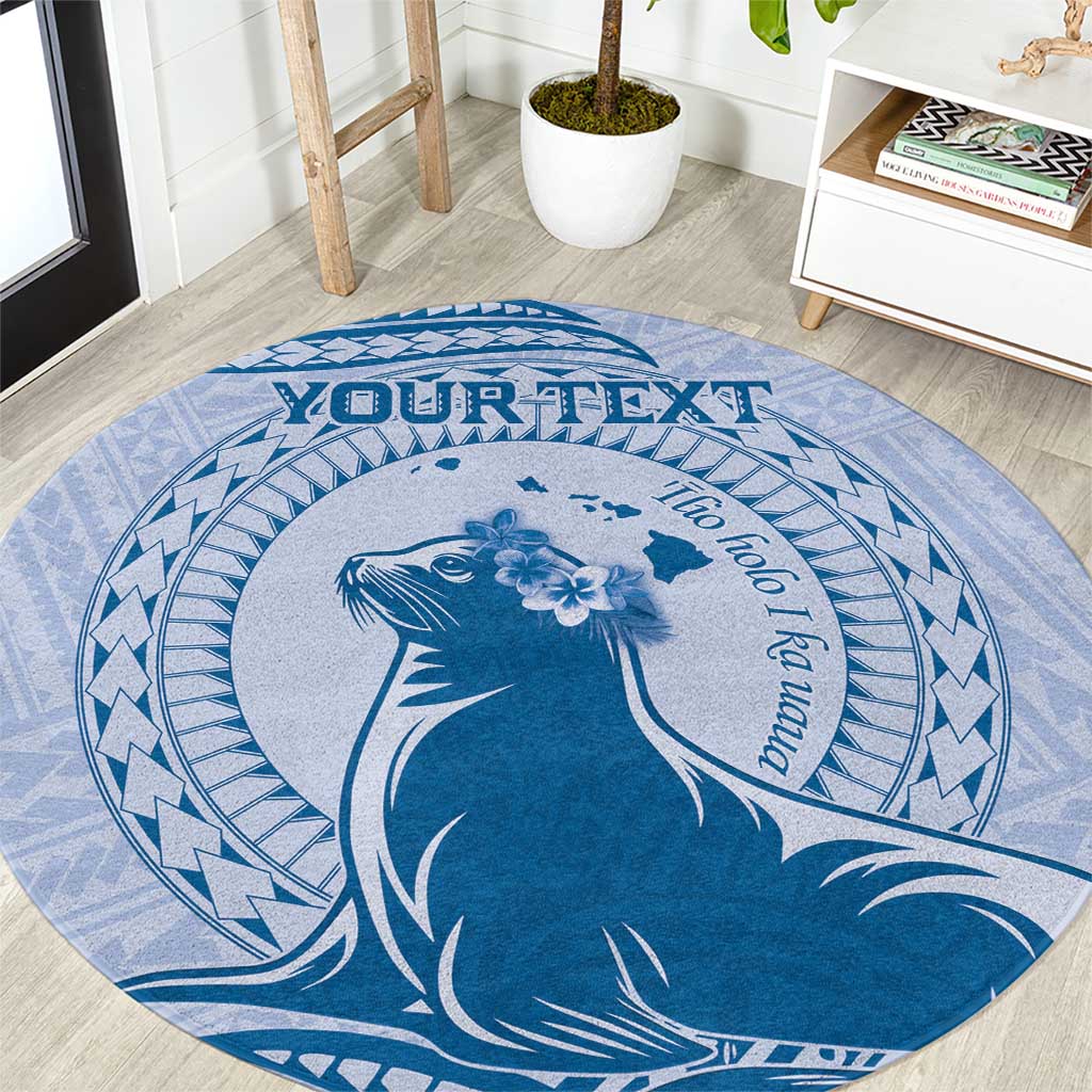 Personalised Hawaii Monk Seal Round Carpet Polynesian Tattoo With Tropical Flowers - Blue Pastel LT14 Blue - Polynesian Pride