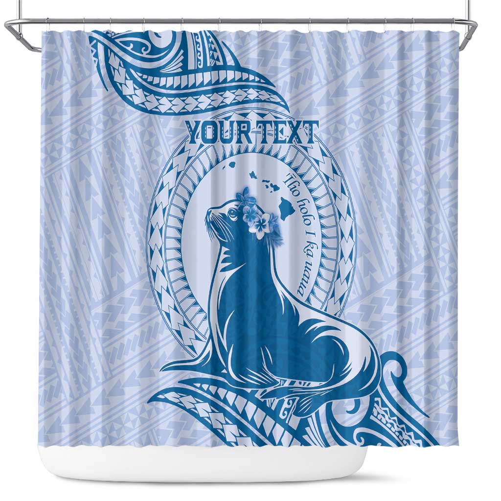 Personalised Hawaii Monk Seal Shower Curtain Polynesian Tattoo With Tropical Flowers - Blue Pastel LT14 Blue - Polynesian Pride