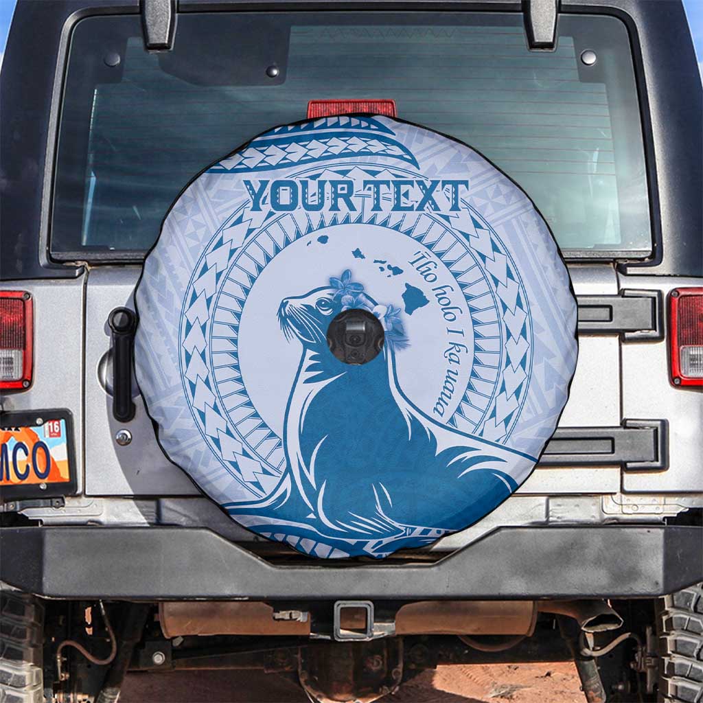 Personalised Hawaii Monk Seal Spare Tire Cover Polynesian Tattoo With Tropical Flowers - Blue Pastel