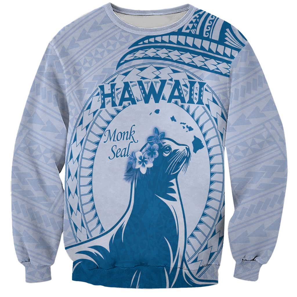 Personalised Hawaii Monk Seal Sweatshirt Polynesian Tattoo With Tropical Flowers - Blue Pastel LT14 Unisex Blue - Polynesian Pride
