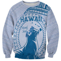 Personalised Hawaii Monk Seal Sweatshirt Polynesian Tattoo With Tropical Flowers - Blue Pastel LT14 Unisex Blue - Polynesian Pride