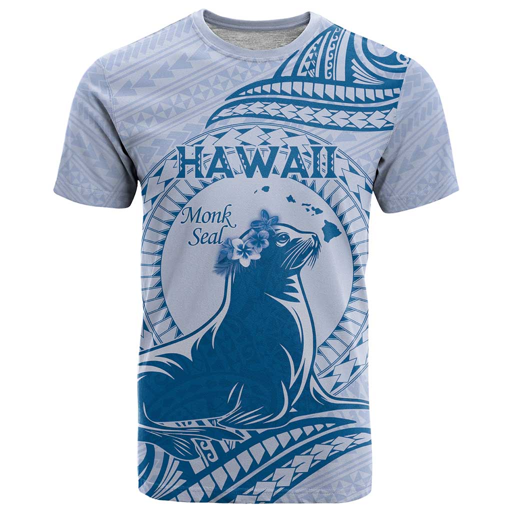 Personalised Hawaii Monk Seal T Shirt Polynesian Tattoo With Tropical Flowers - Blue Pastel LT14 Blue - Polynesian Pride
