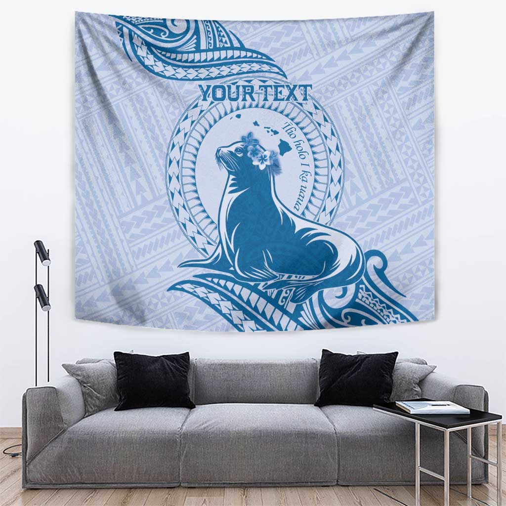 Personalised Hawaii Monk Seal Tapestry Polynesian Tattoo With Tropical Flowers - Blue Pastel LT14 Blue - Polynesian Pride