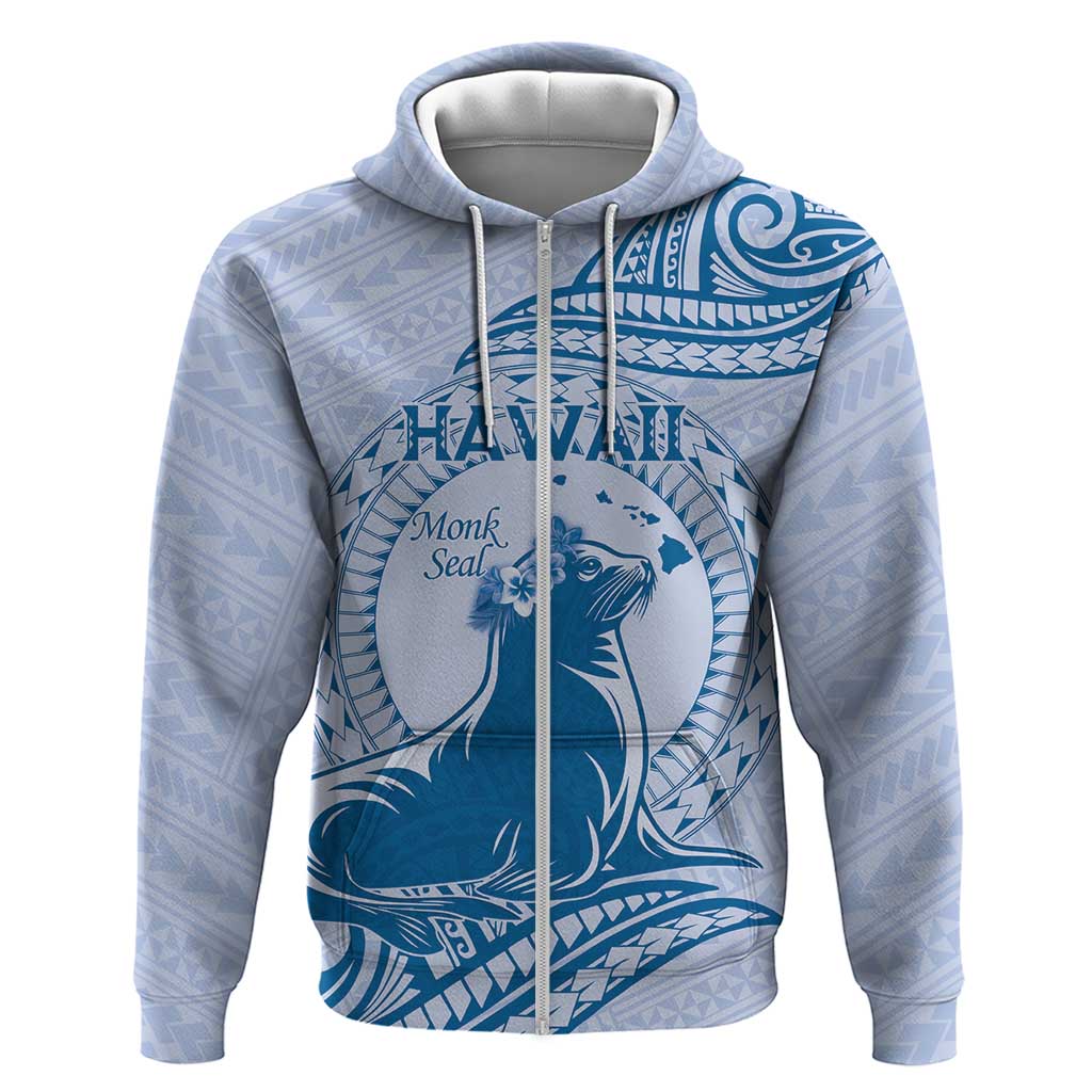 Personalised Hawaii Monk Seal Zip Hoodie Polynesian Tattoo With Tropical Flowers - Blue Pastel LT14 Zip Hoodie Blue - Polynesian Pride