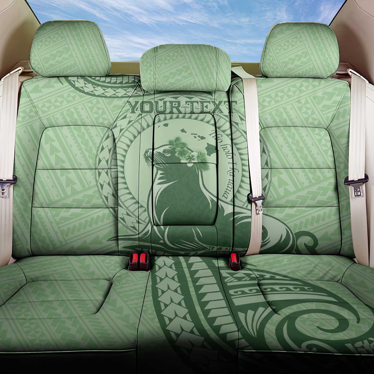 Personalised Hawaii Monk Seal Back Car Seat Cover Polynesian Tattoo With Tropical Flowers - Green Pastel LT14 One Size Green - Polynesian Pride