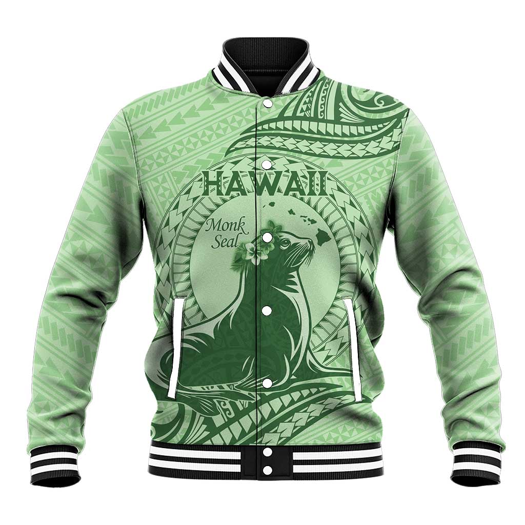 Personalised Hawaii Monk Seal Baseball Jacket Polynesian Tattoo With Tropical Flowers - Green Pastel LT14 Unisex Green - Polynesian Pride