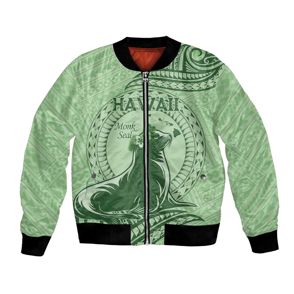 Personalised Hawaii Monk Seal Bomber Jacket Polynesian Tattoo With Tropical Flowers - Green Pastel LT14 Unisex Green - Polynesian Pride