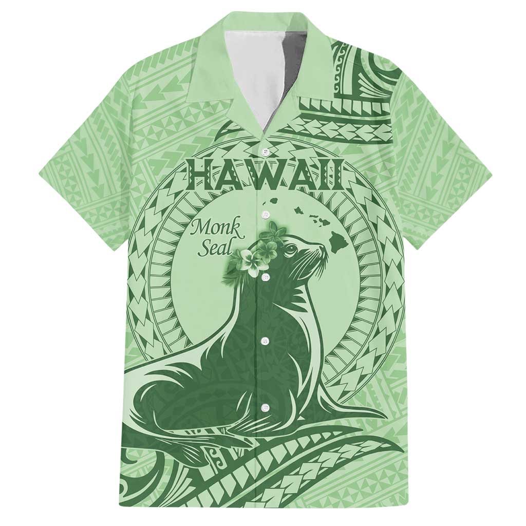 Personalised Hawaii Monk Seal Hawaiian Shirt Polynesian Tattoo With Tropical Flowers - Green Pastel LT14 Green - Polynesian Pride