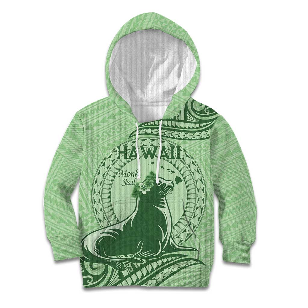 Personalised Hawaii Monk Seal Kid Hoodie Polynesian Tattoo With Tropical Flowers - Green Pastel LT14 Hoodie Green - Polynesian Pride
