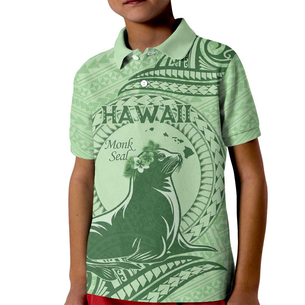 Personalised Hawaii Monk Seal Kid Polo Shirt Polynesian Tattoo With Tropical Flowers - Green Pastel LT14 Kid Green - Polynesian Pride