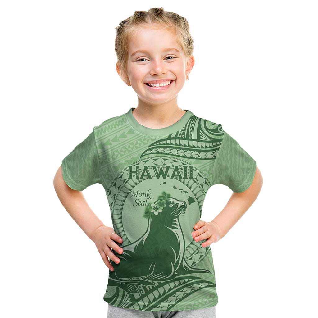Personalised Hawaii Monk Seal Kid T Shirt Polynesian Tattoo With Tropical Flowers - Green Pastel LT14 Green - Polynesian Pride