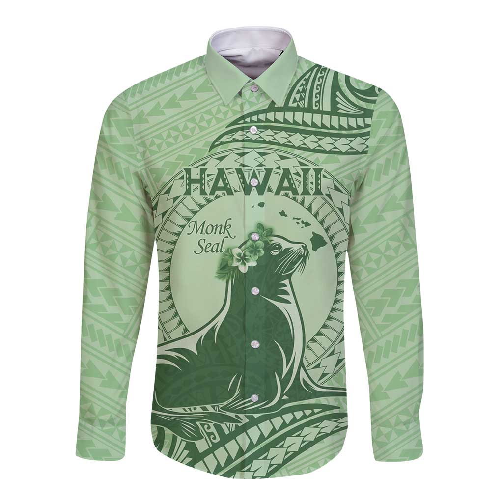 Personalised Hawaii Monk Seal Long Sleeve Button Shirt Polynesian Tattoo With Tropical Flowers - Green Pastel LT14 Unisex Green - Polynesian Pride