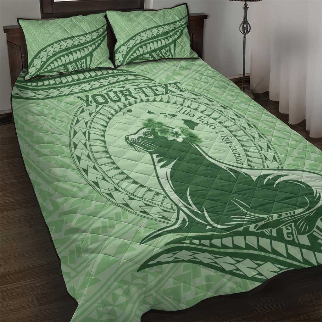 Personalised Hawaii Monk Seal Quilt Bed Set Polynesian Tattoo With Tropical Flowers - Green Pastel LT14 Green - Polynesian Pride