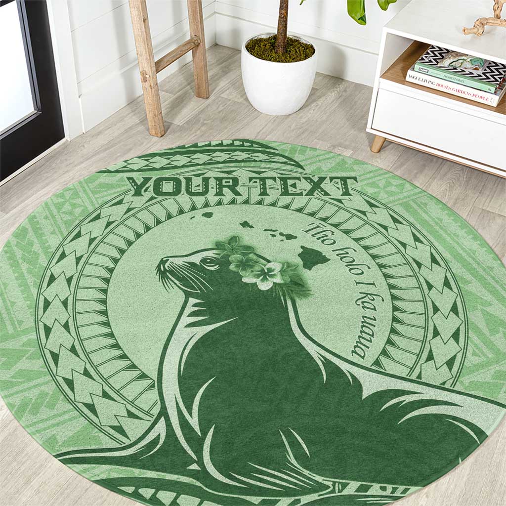 Personalised Hawaii Monk Seal Round Carpet Polynesian Tattoo With Tropical Flowers - Green Pastel LT14 Green - Polynesian Pride